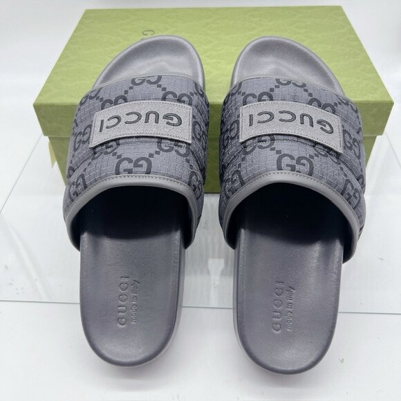 GUCCI Mens GG LOGO Ripstop Monogram Gray Slides Sandals 771466 Men UK 12 US 12.5 - Picture 14 of 16